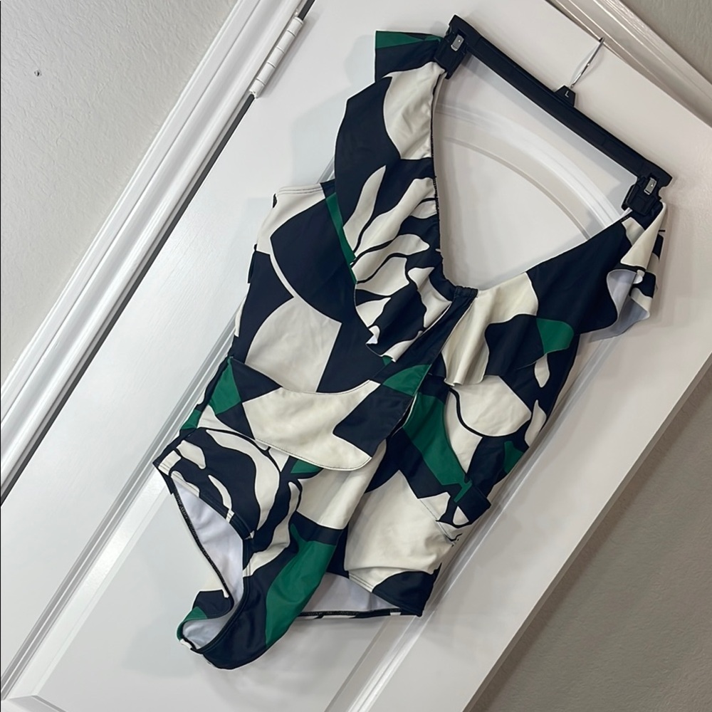 Low V Neck, Ruffled Black and Green One-Piece Swimsuit